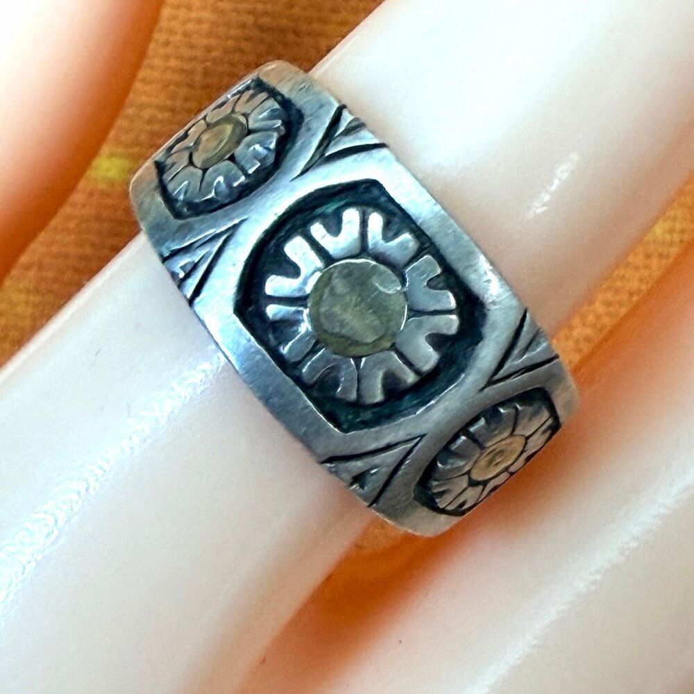 Vintage Sterling Silver Mixed Metal Floral Sunburst Wide Band Ring